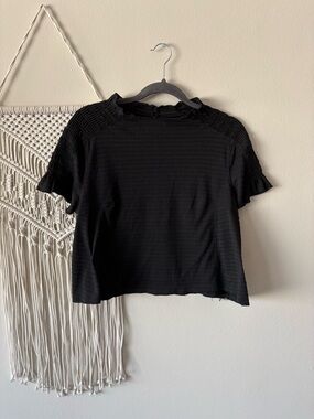 Free People Black Short Sleeve Ruffle Shoulder Tee